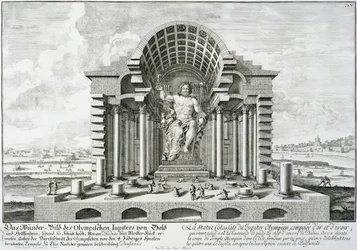 Standbeeld van Olympische Zeus, gemaakt door Phidias in goud en ivoor, getekend naar de exacte beschrijving van Pausanias (143-176 AD), uit 